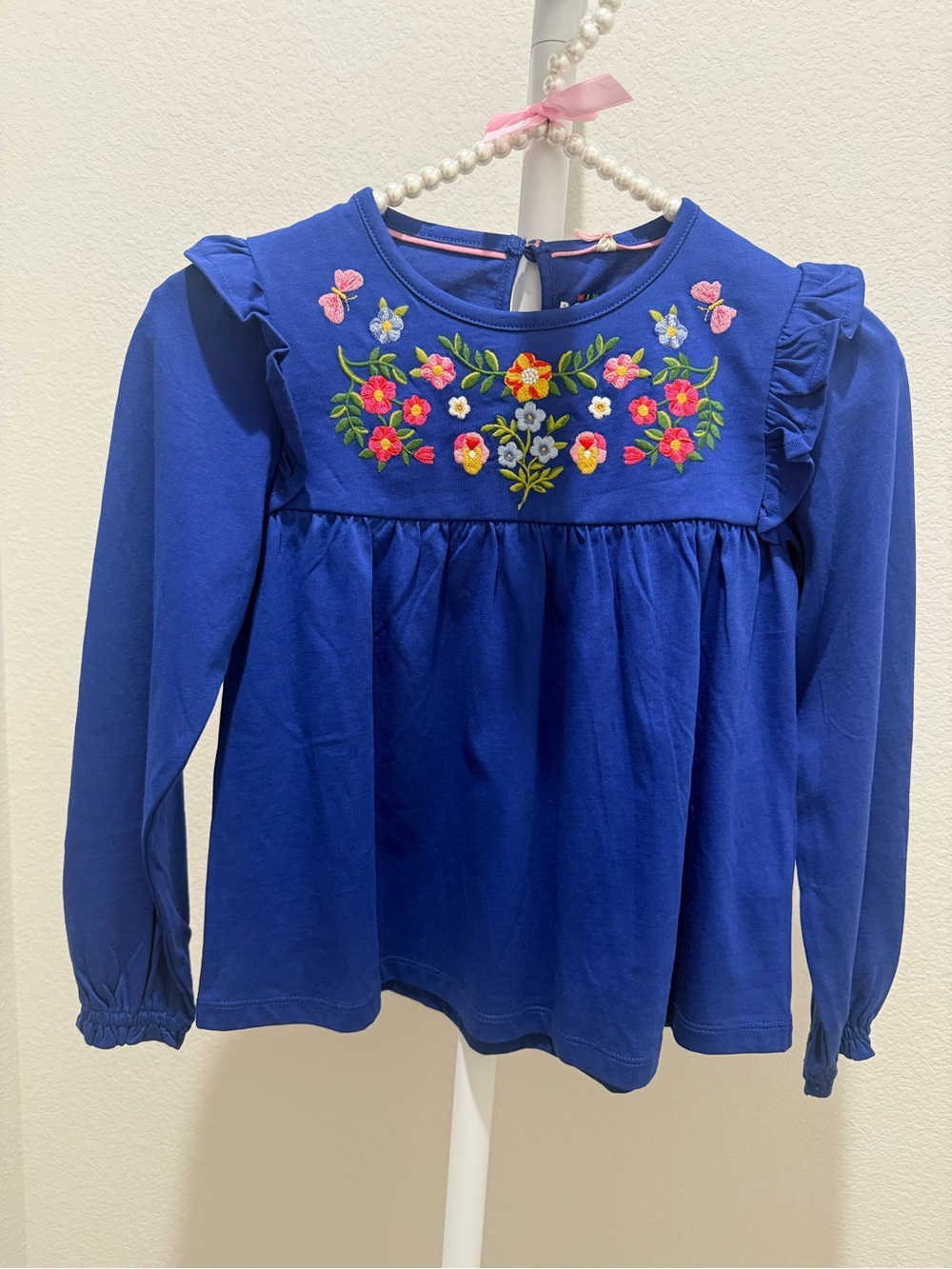 Mini Boden Royal Blue Long-Sleeve Embroidered Floral Top